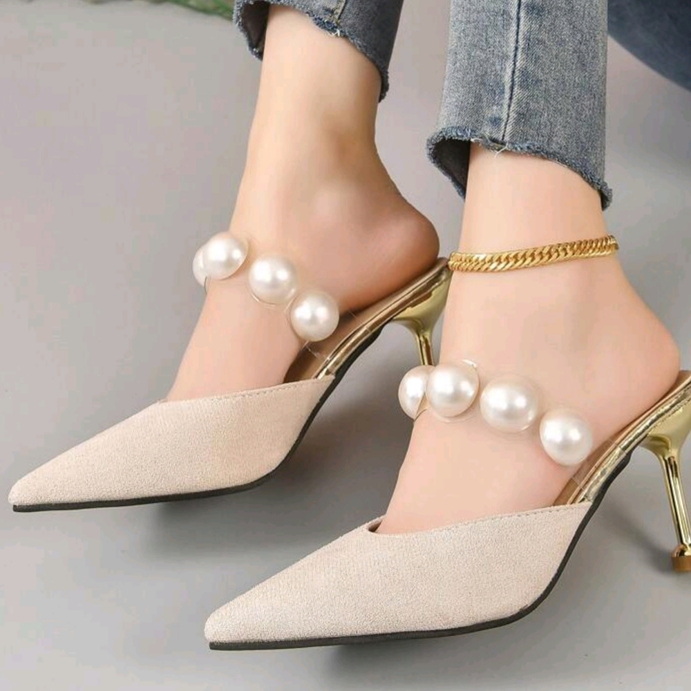 New Fashion Golden Pearl Decorated Elegant High Heels Party Shoes For Women - Picture 7 of 8